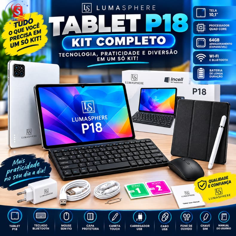 Tablet 10.1” Android 13 128GB 6GB RAM com Teclado e Mouse Câmera 50MP