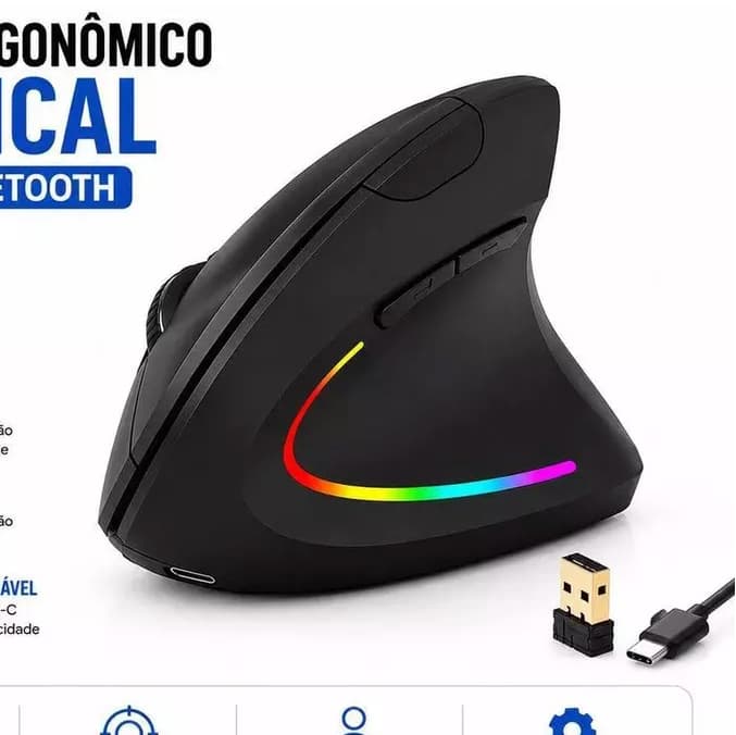 Mouse Vertical Ergonômico Sem Fio Recarregável USB Bluetooth Silencioso Ortopédico