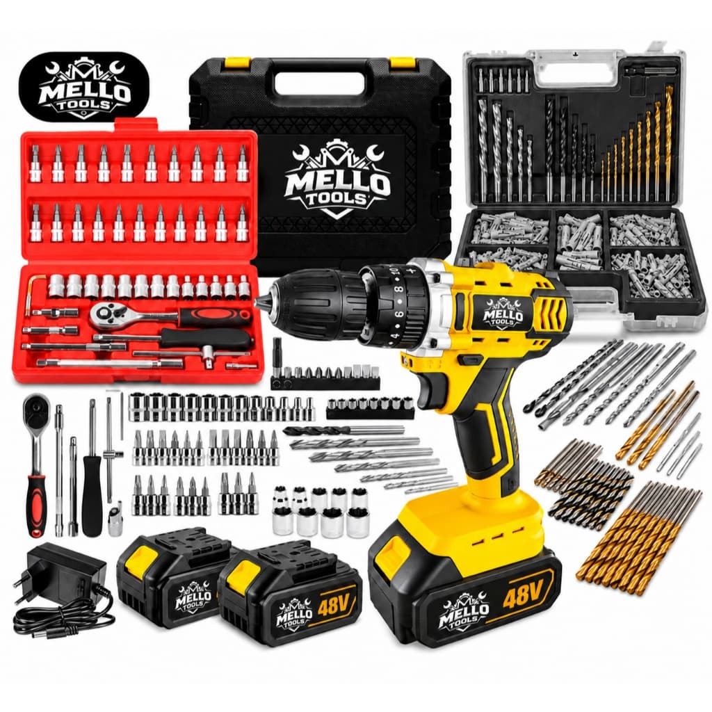 Kit Parafusadeira Furadeira de Impacto 48V com 2 Baterias + Maleta + Jogo de Brocas Bits Soquetes Mello Tools