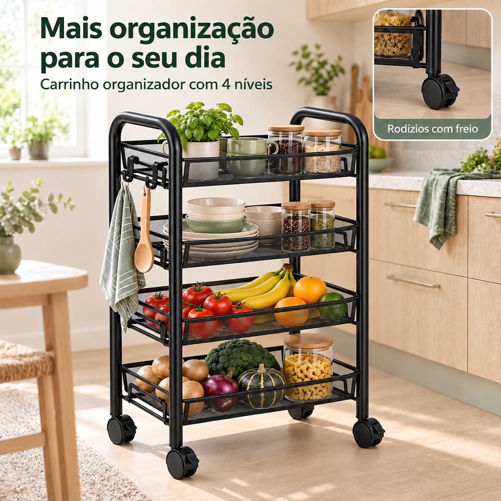 Carrinho Organizador Multiuso 4 Andares em Aço Inox com Rodinhas – Aramado para Cozinha, Banheiro e Cosméticos