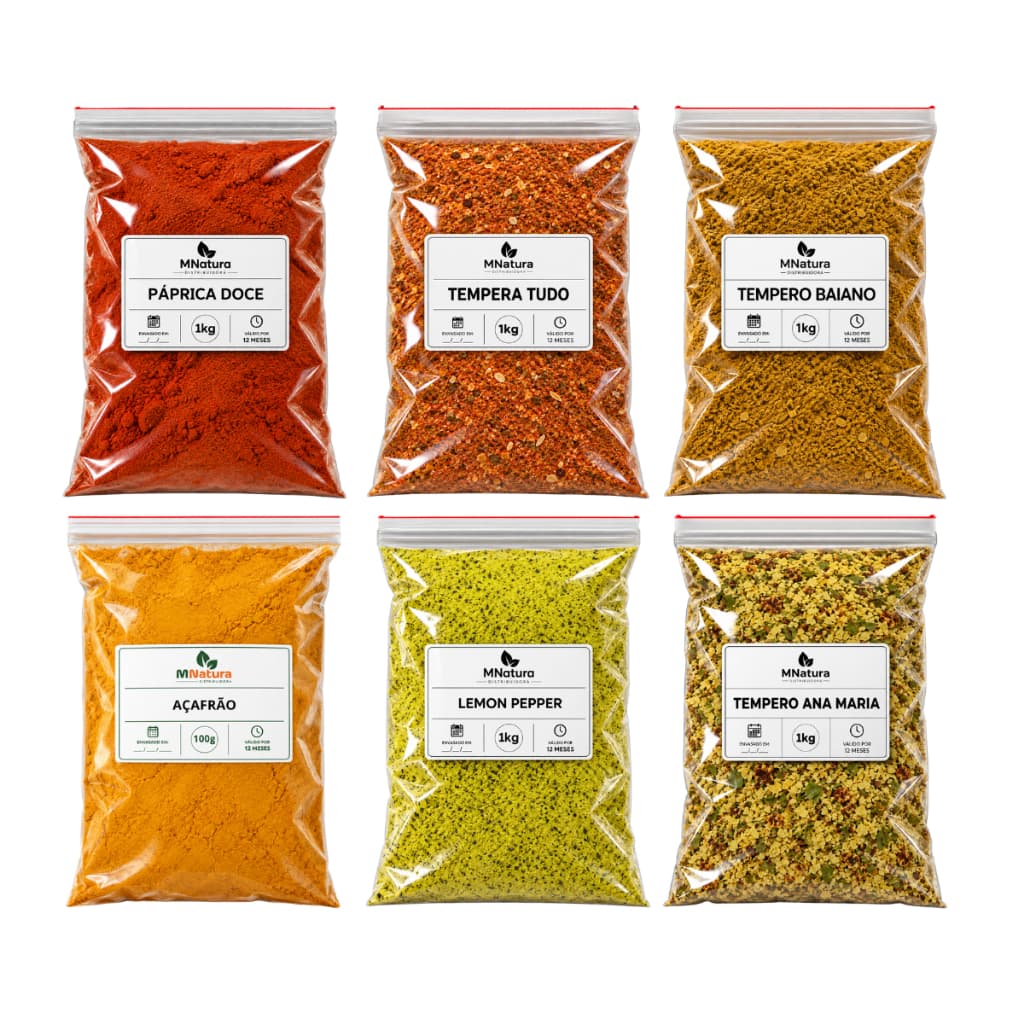 KIT 6 TEMPEROS 100G MNATURA | PÁPRICA + LEMON PEPPER + AÇAFRÃO + TEMPEROS VARIADOS