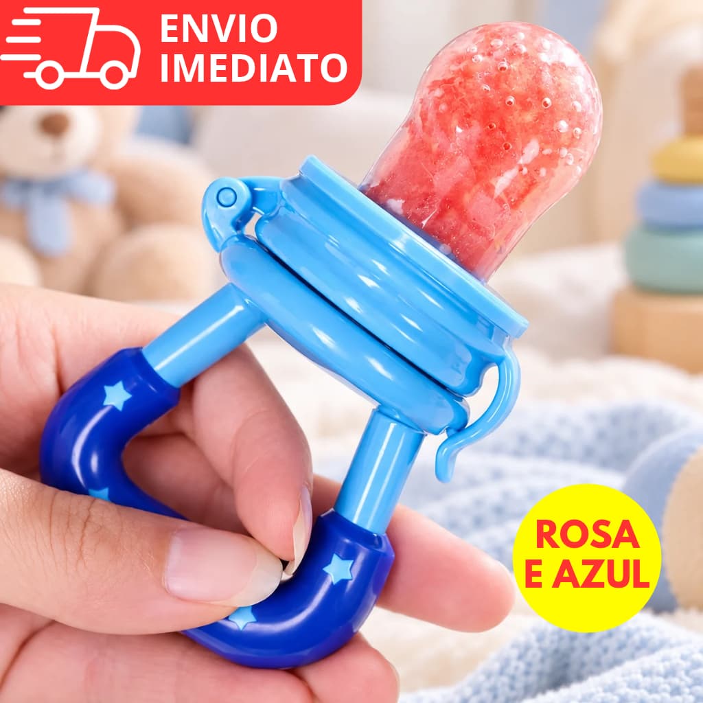 KIT 1 2 Chupeta Alimentação Infantil Mordedor Bebê Silicone Introdução Alimentar Azul e Rosa