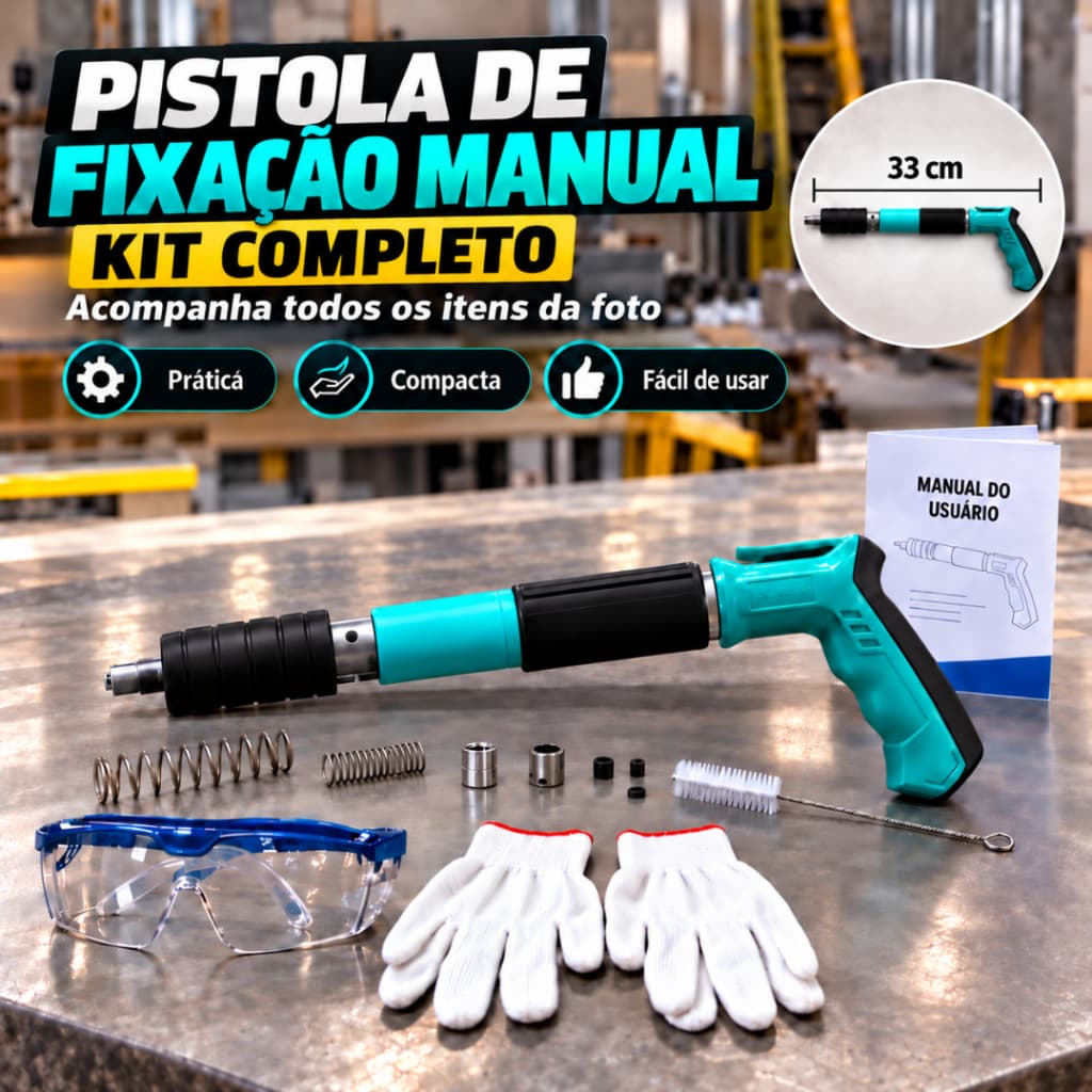 Pistola de Fixação Manual Kit Completo com Óculos Luvas Acessórios Compacta para Obras Reparos e Instalações