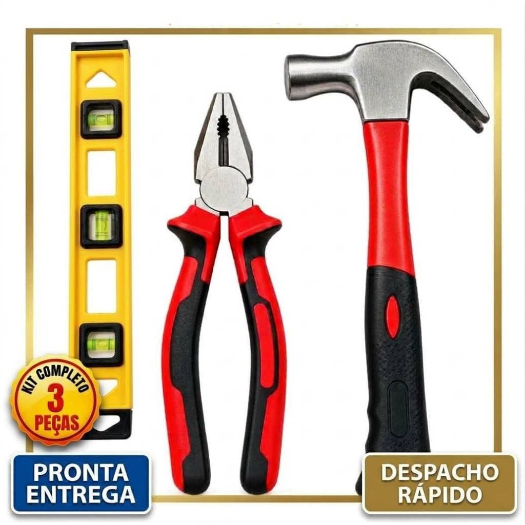 Kit Jogo De Ferramentas Completo 3 Pecas Martelo Alicate Universal Nivel 3 Bolhas Casa Reparos Gadan