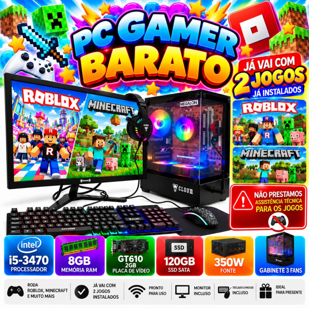 Computador Gamer Completo Barato Intel Core i5-3470, 8gb, SSD 120GB, GT610 2GB COM JOGOS INCLUSO