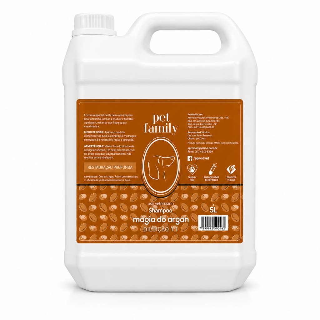 Shampoo Pet Magia do Argan Vegano Para Cães e Gatos Galão 5L Diluição 1:1 Pet Family