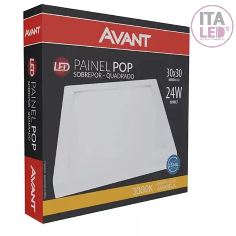 Luminária Painel Plafon Led 24W Avant Quadrado Sobrepor  Branco Quente 3000K Bivolt
