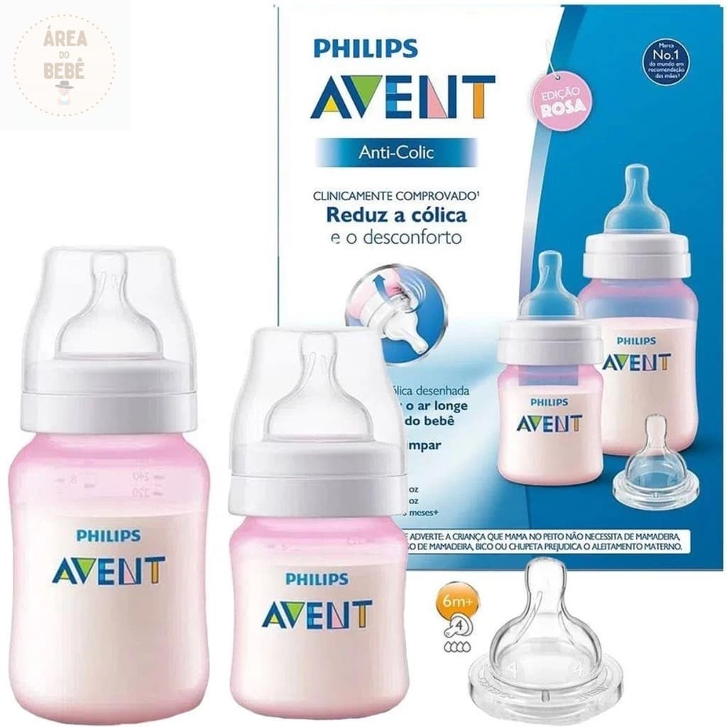 Kit 2 Mamadeiras Rosa e Azul Clássica Anticólica 125/260ml + Bico Extra AVENT Philips Bebê 0 a 6 meses