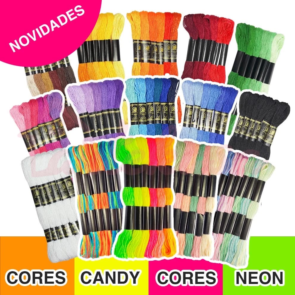 kit Linhas Meadas Para Bordar Degrade 06 Unidades 8mts 100% algodão Metalizada Ponto Cruz
