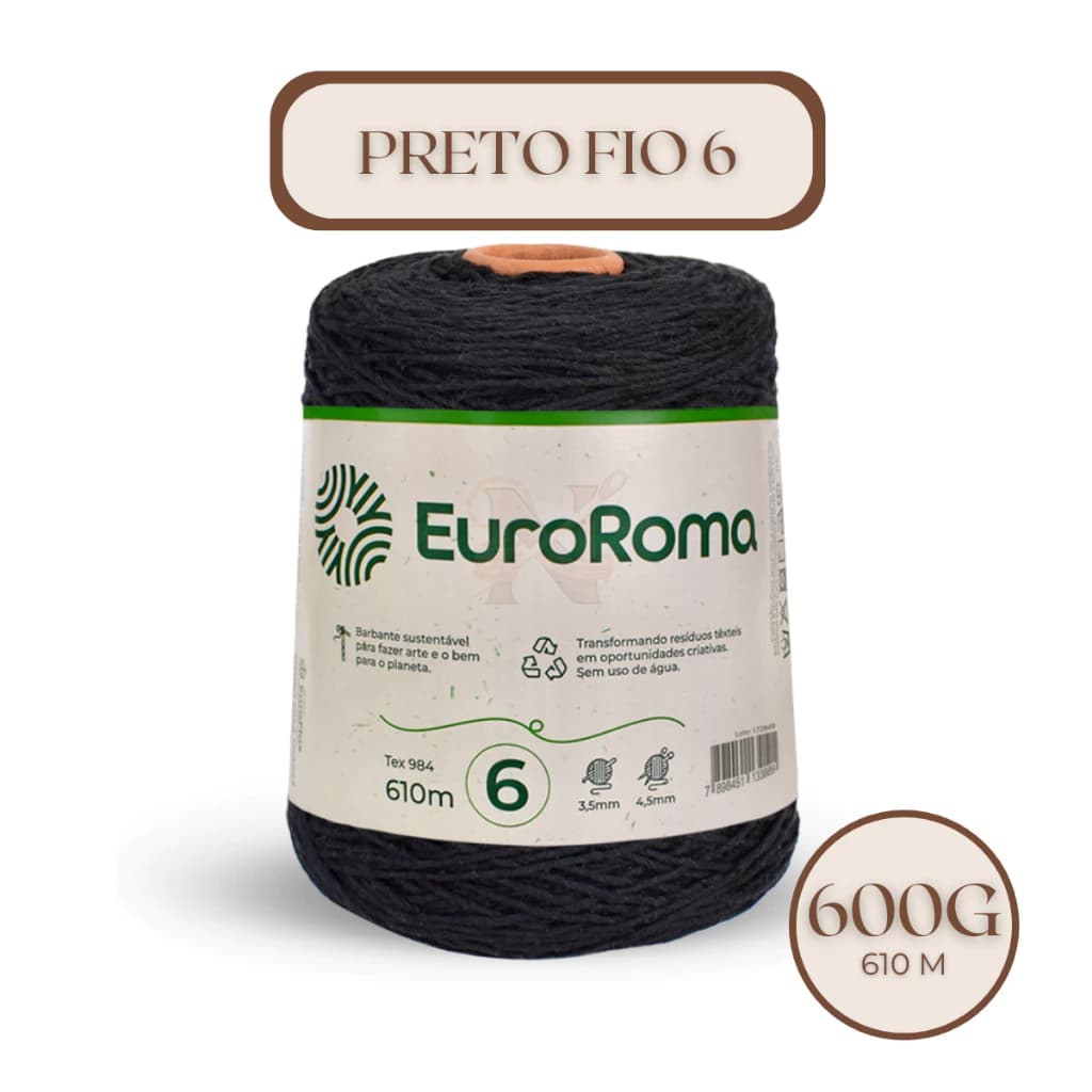 Barbante para Crochê Euroroma Fio 6 600g Preto 610 metros