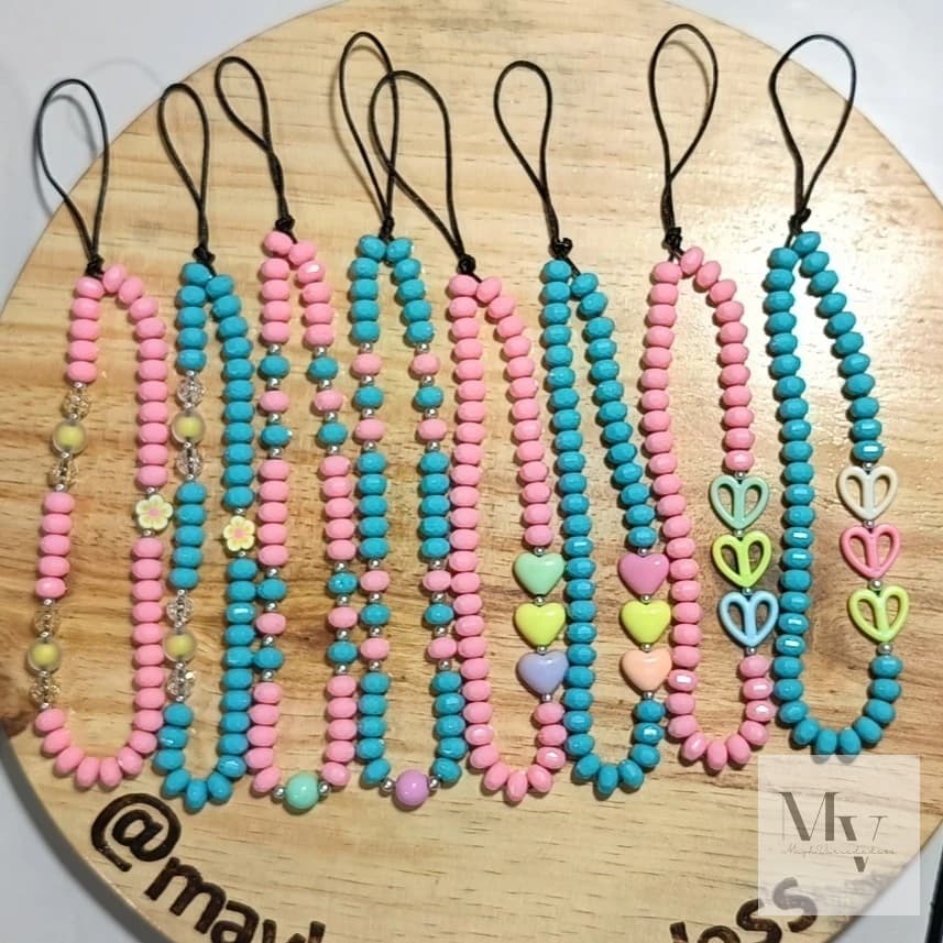 Phone Strap / Pulseira para Celular / Cordinha para Celular / Alça para Capinha – Modelo de miçangas verde e rosa