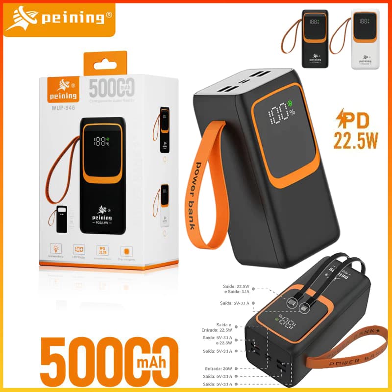Carregador portátil Power Bank Grande 50.000 mAh  Turbo 22.5W PD Super Rápido - PEINING WUP-946