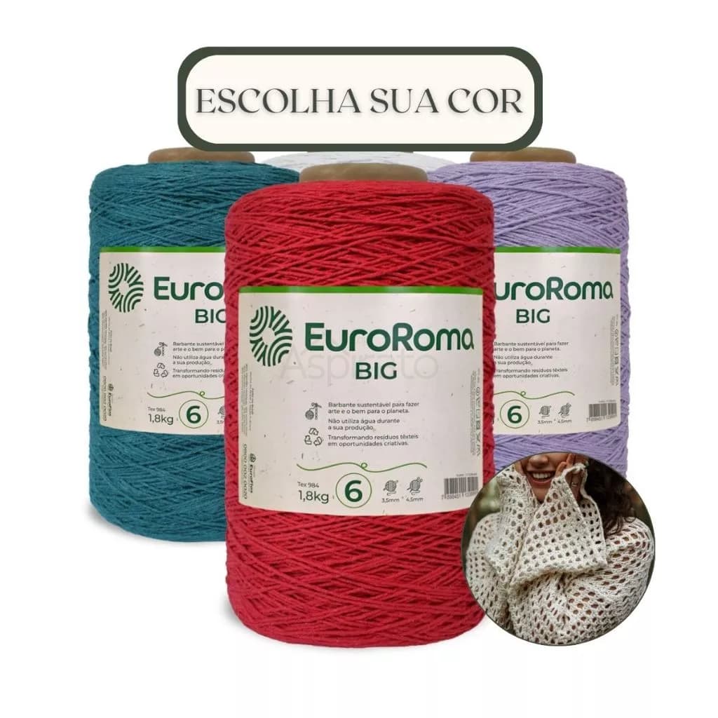 Barbante Euroroma Fio 6 1.8kg para Crochê Big Cone Diversas Cores