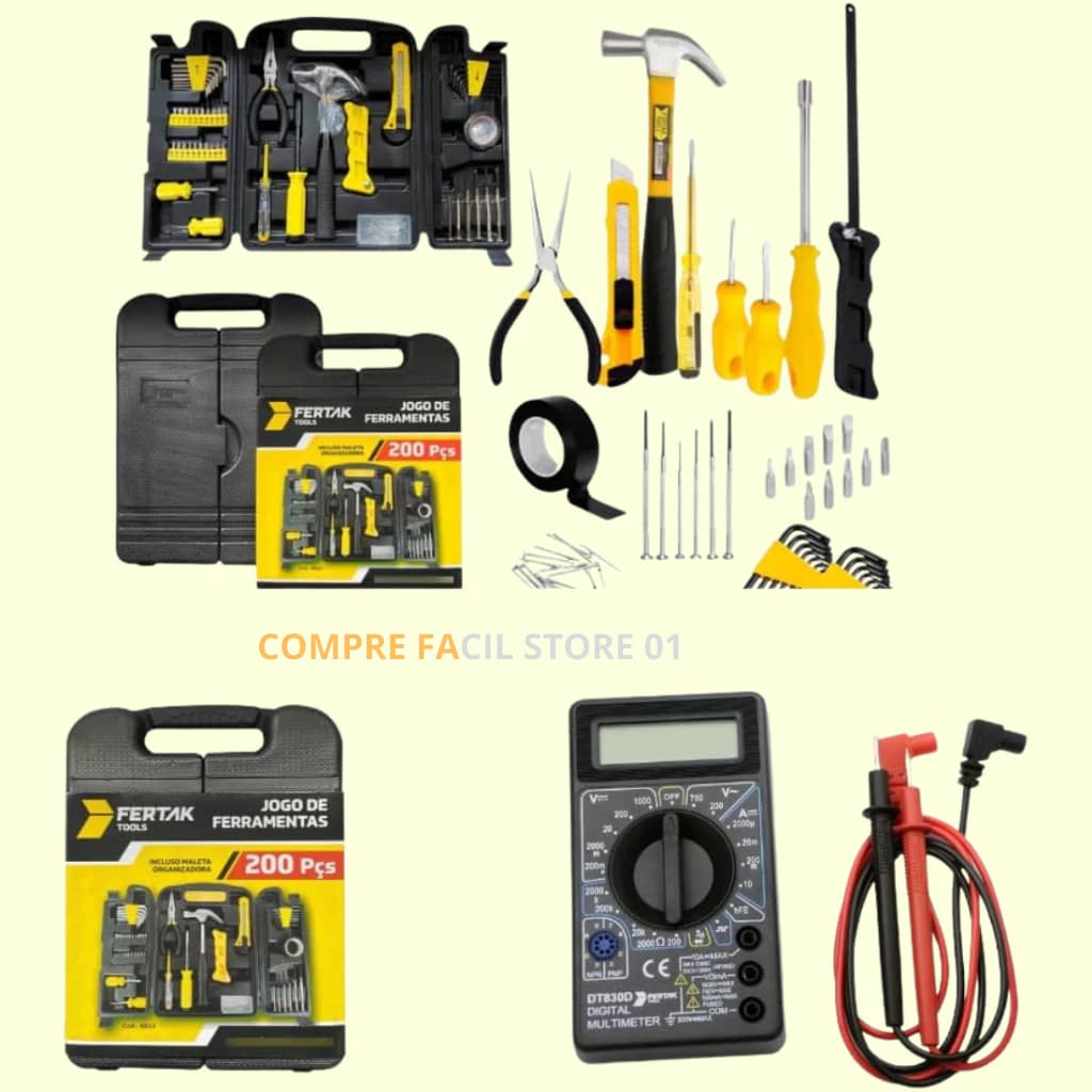 Kit de Ferramentas 200 Peças com Maleta e Multímetro Digital, Display LCD, Alicates Bits Acessórios