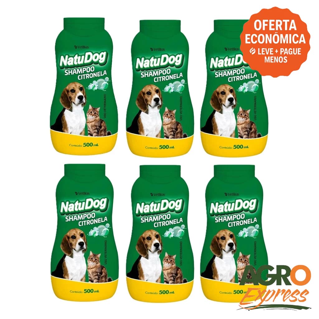 Kit 6 Natu Dog Shampoo Citronela 500ml Repelente Natural Para Cães e Gatos - VetBras