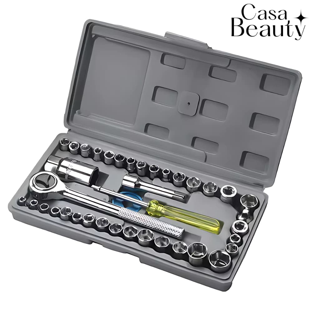 Kit Completo de Ferramentas com 40 Peças Jogo de Soquetes Catraca Reversível e Maleta CASA BEAUTY