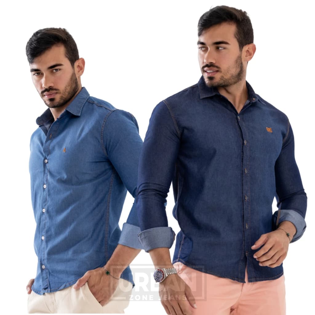 Kit 2 Camisas Jeans Manga Longa Masculina Social Slim Fit Social
