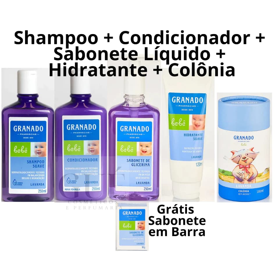 Kit Granado Bebê Lavanda Shampoo, Condicionador, Sabonete Líquido, Hidratante, Colônia