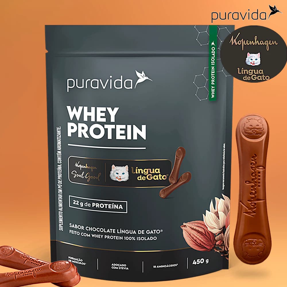 Whey Protein Isolado Puravida Chocolate Língua de Gato 450g