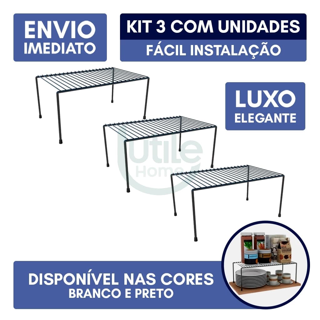 Kit 3 Organizador de Cozinha Rack Prateleira Suspensa Suporte Armário Multiuso 32cm Elegante