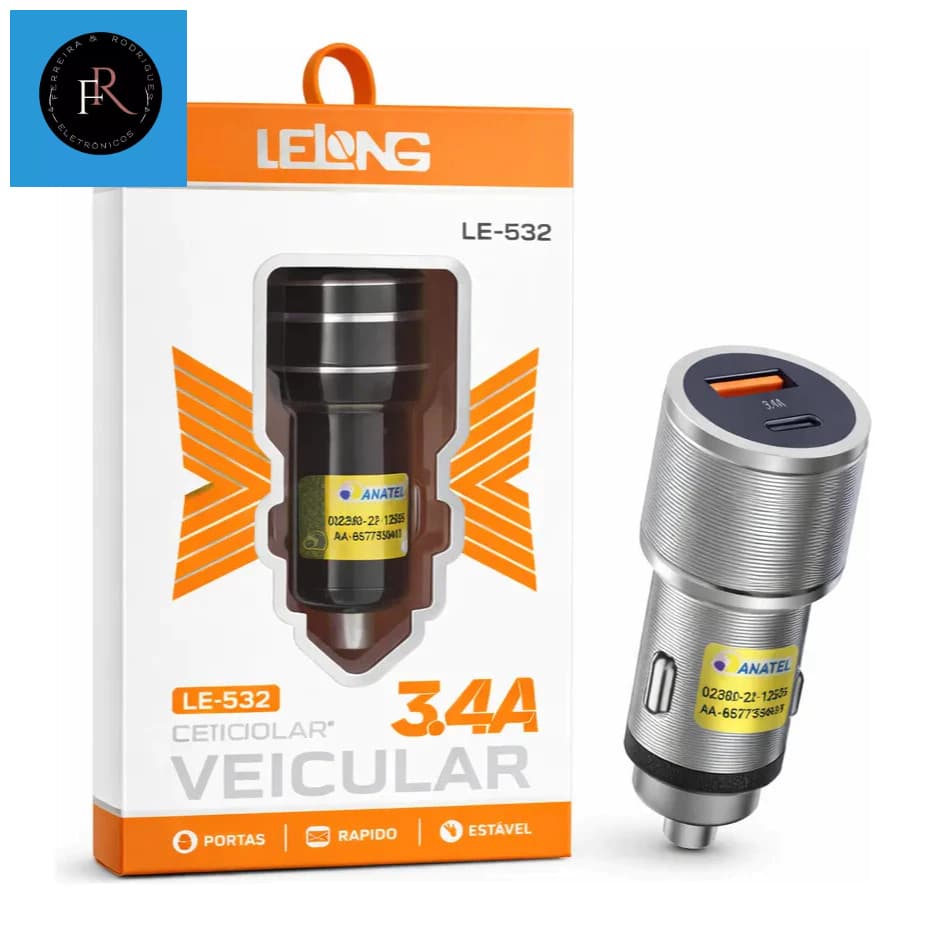 Carregador Veicular Entrada USB + Tipo-C Rápido 3.4A Lelong LE-531
