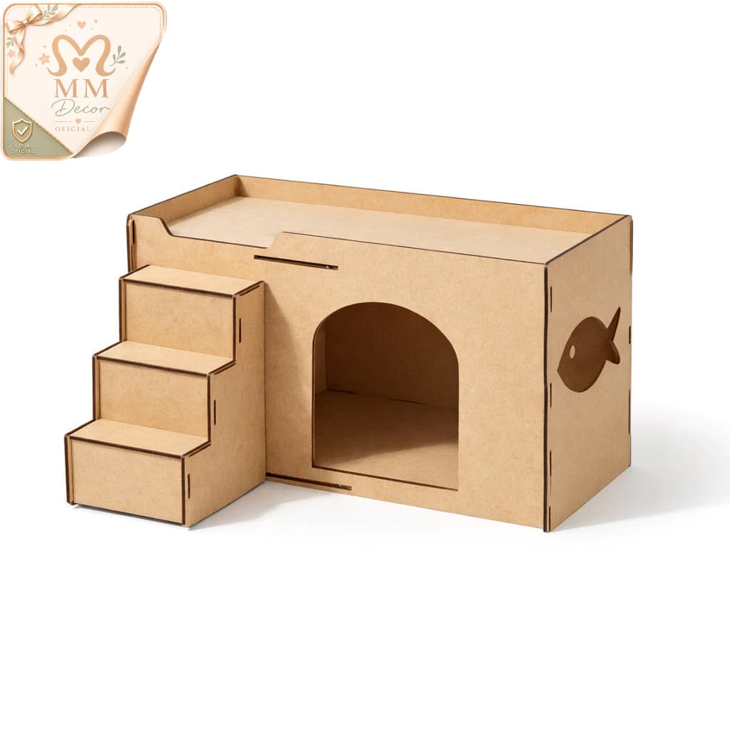 Cama Toca para Gato MDF Cru com Escada Casinha Pet Casinha Cat