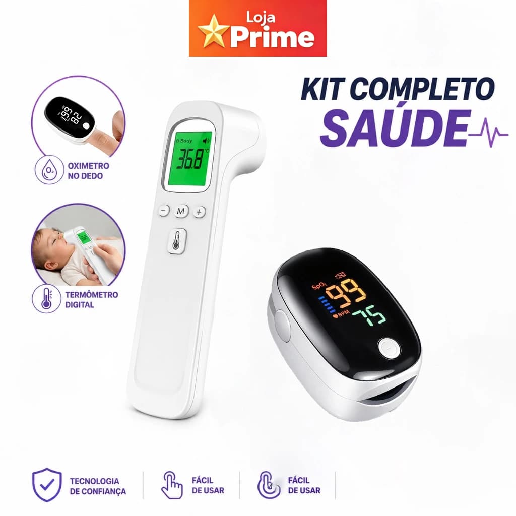 Kit 2 em 1 Oxímetro de Dedo + Termômetro Infravermelho Sem Contato- domiciliar