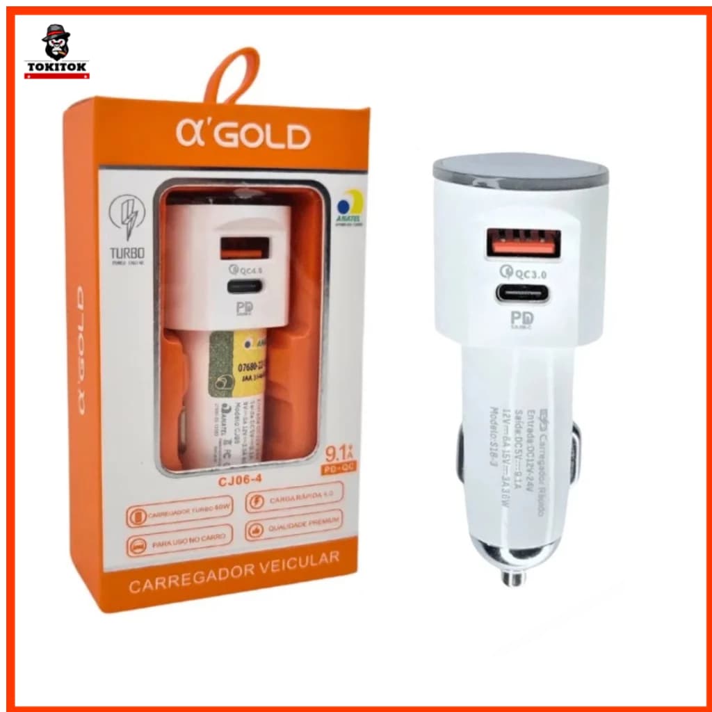Carregador Veícular Turbo 60W Turbo USB + Tipo-C PD3.0 QC4.0 Carga Rápida 9.1A Universal Para Celular Android iOS Carro