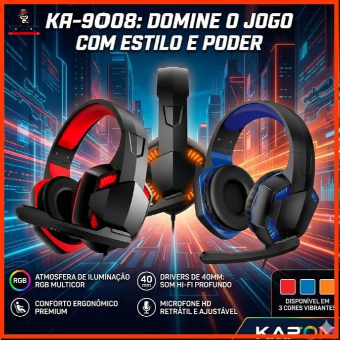 Headset Gamer RGB KA-9008 com Microfone Ajustável e Som Hi-Fi para PC, Notebook e Games