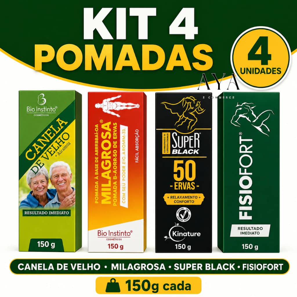 Kit 4un Pomadas Massageadoras 150g Bio Instinto - Canela de Velho - Milagrosa - Fisiofort - Super Black 50 Ervas