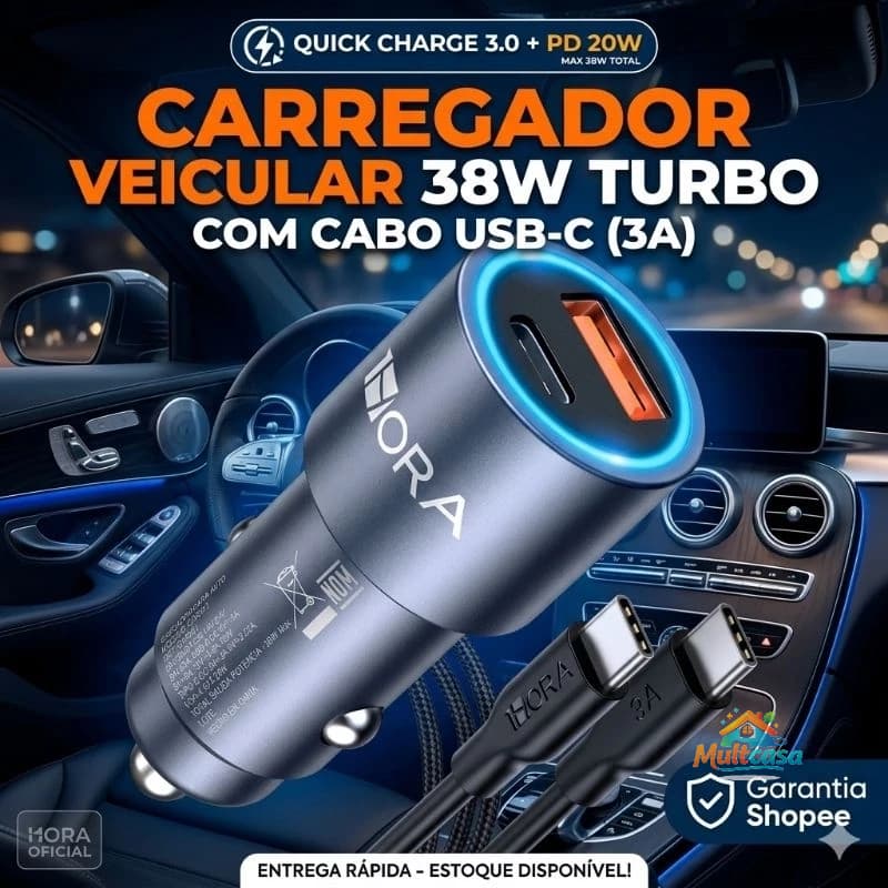 Carregador Veicular Turbo 38W USB-C PD + USB QC 3.0 + Cabo