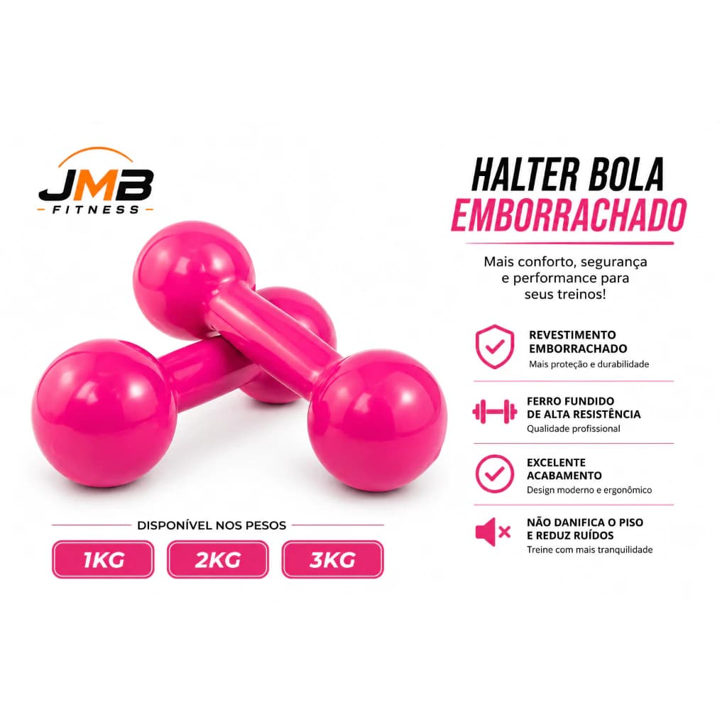 Par de Halteres Bola Emborrachados Rosa 1kg a 3kg Academia Musculação