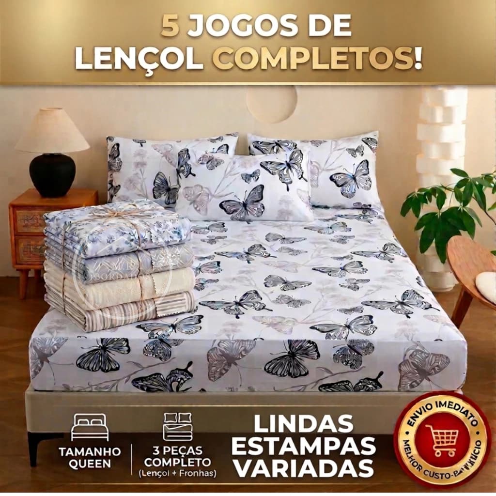 Kit 5 Lençol Queen Jogo Roupa de Cama 3 Peças Com Elástico Fronha Toque Suave Confortável
