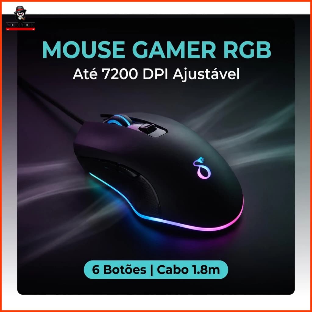Mouse Gamer RGB com Fio 7200 DPI Ajustável 6 Botões Iluminação LED Ergonômico USB Compatível com PC e Notebook