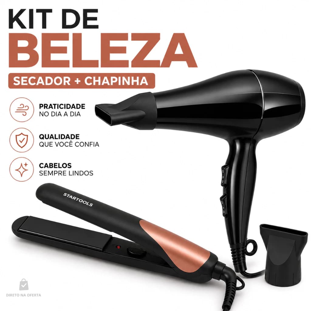 Kit Secador 1800W 127V Preto + Chapinha Bivolt 50W Profissional Prancha Alisadora Compacta Portátil
