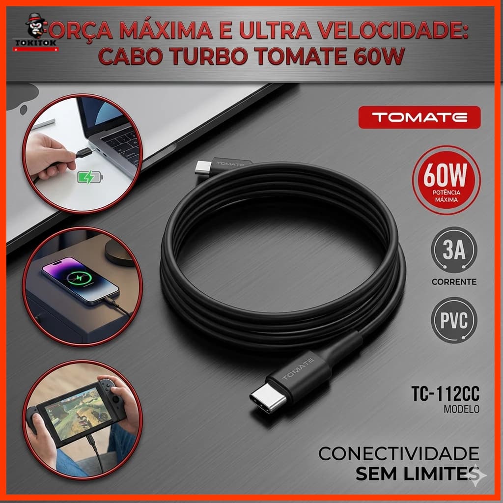 Cabo Turbo Tomate USB Tipo-C 60W Carregamento Rápido 3A Compatível Android Notebook Tablet