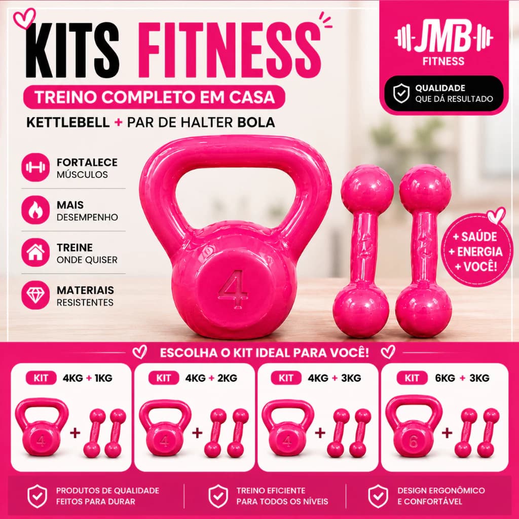 Kit Academia em Casa Feminino Rosa – Kettlebell + Par de Halteres Emborrachados | JMB Fitness