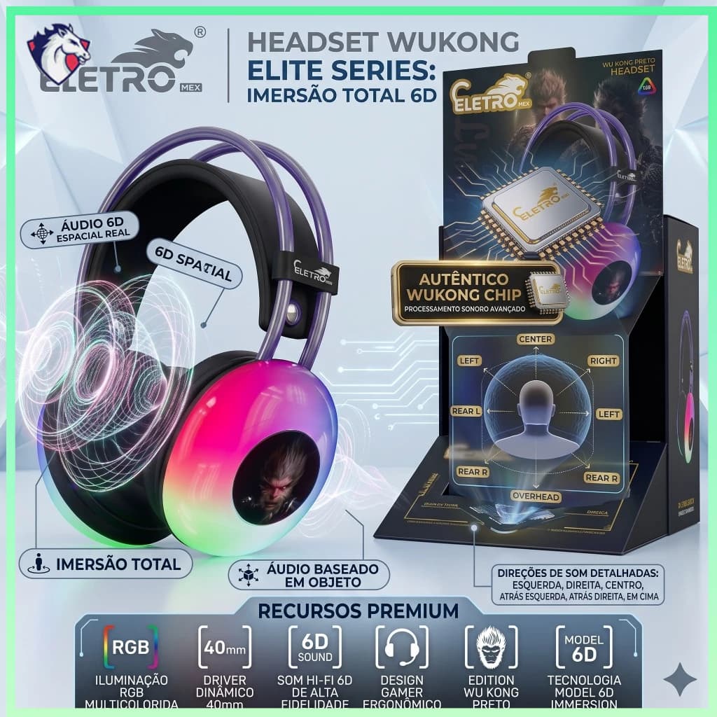 Headset Gamer Wu Kong EL-1508 Sem Fio Bluetooth e Com Fio P2 RGB Compatível com Celular PC Notebook