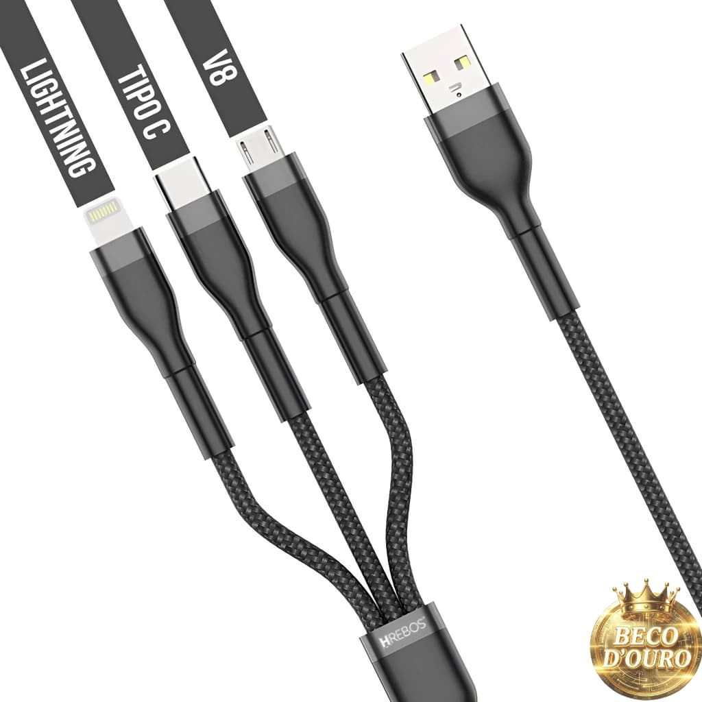 Cabo Carregador Rápido Celular 3 Em 1 Usb Tipo C Lightning Preto