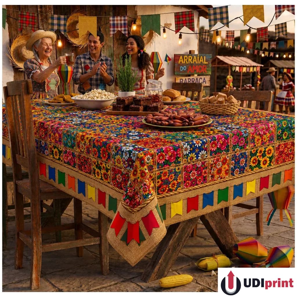 Toalha de Mesa Tecido Sublimado Festa Junina Arraia Floral Chita Floral Caipira Patchwork