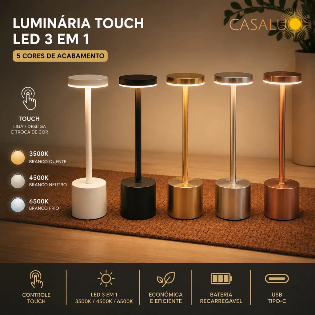 Luminária de Mesa LED com Toque Sem Fio Dimerizável Ideal para Leitura e Decoração Abajur Moderno