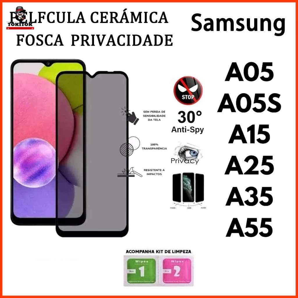 Película Privacidade de Vidro Temperado 3D/9D para Samsung A05/A05S/A15/A25/A35/A55