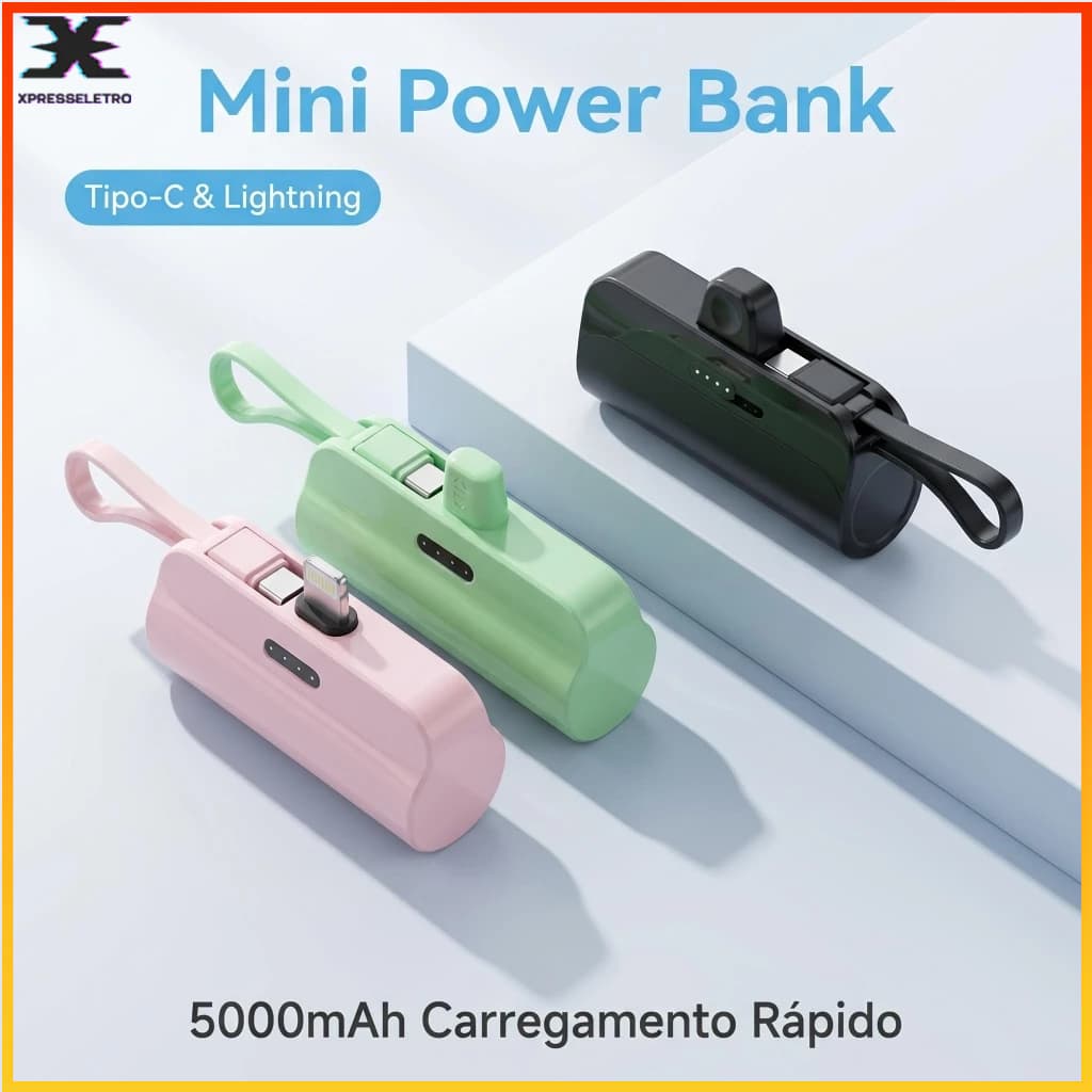 Mini Power Bank 5000mAh Portátil Tipo-C e Lightning Carregador Rápido Compacto com Alça para celular Iphone