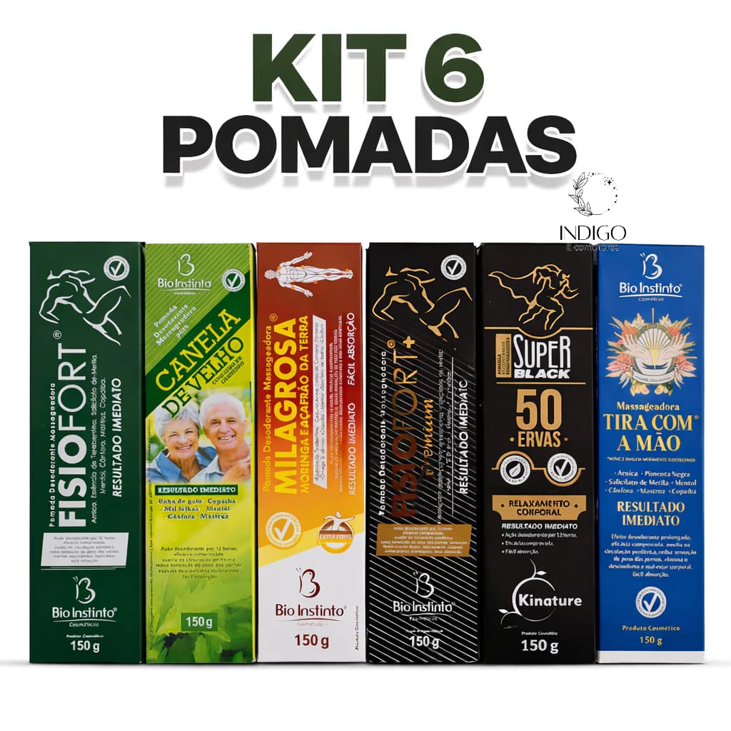 Kit 6un Pomada Massageadora - Fisiofort-Canela de Velho - Milagrosa - Fisiofort Premium - Super Black - Tira com as Mãos