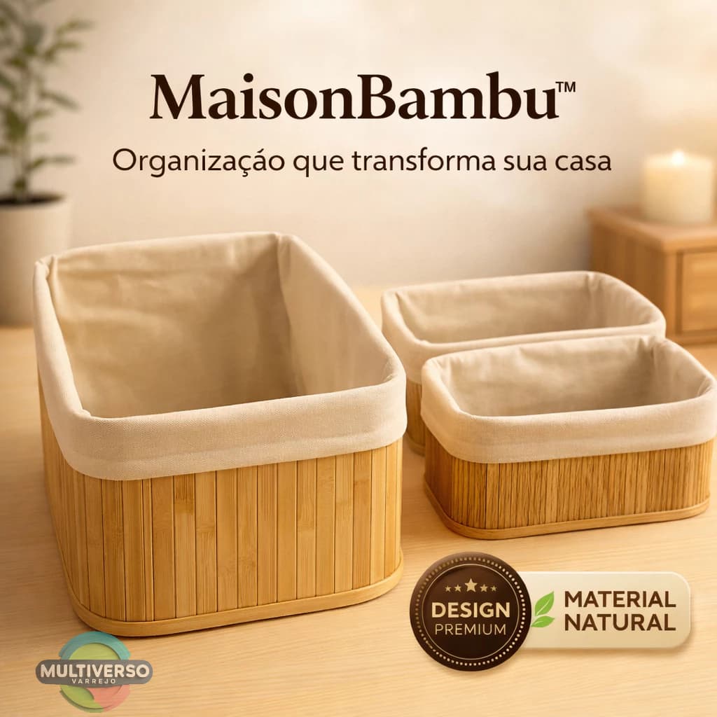 Kit 3 Cestos Organizador Bambu Casa Sala Banheiro Design Resistente Natural