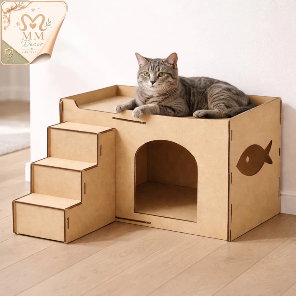 Casinha para Gato em MDF Cru com Escada Cama Toca Pet Estilo Casinha Cat