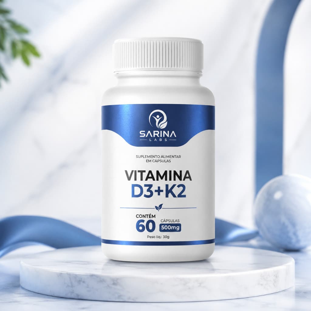 Vitamina D3 + K2 60 Cápsulas 500mg Suplemento Saúde Óssea Cardiovascular Sarina Labs