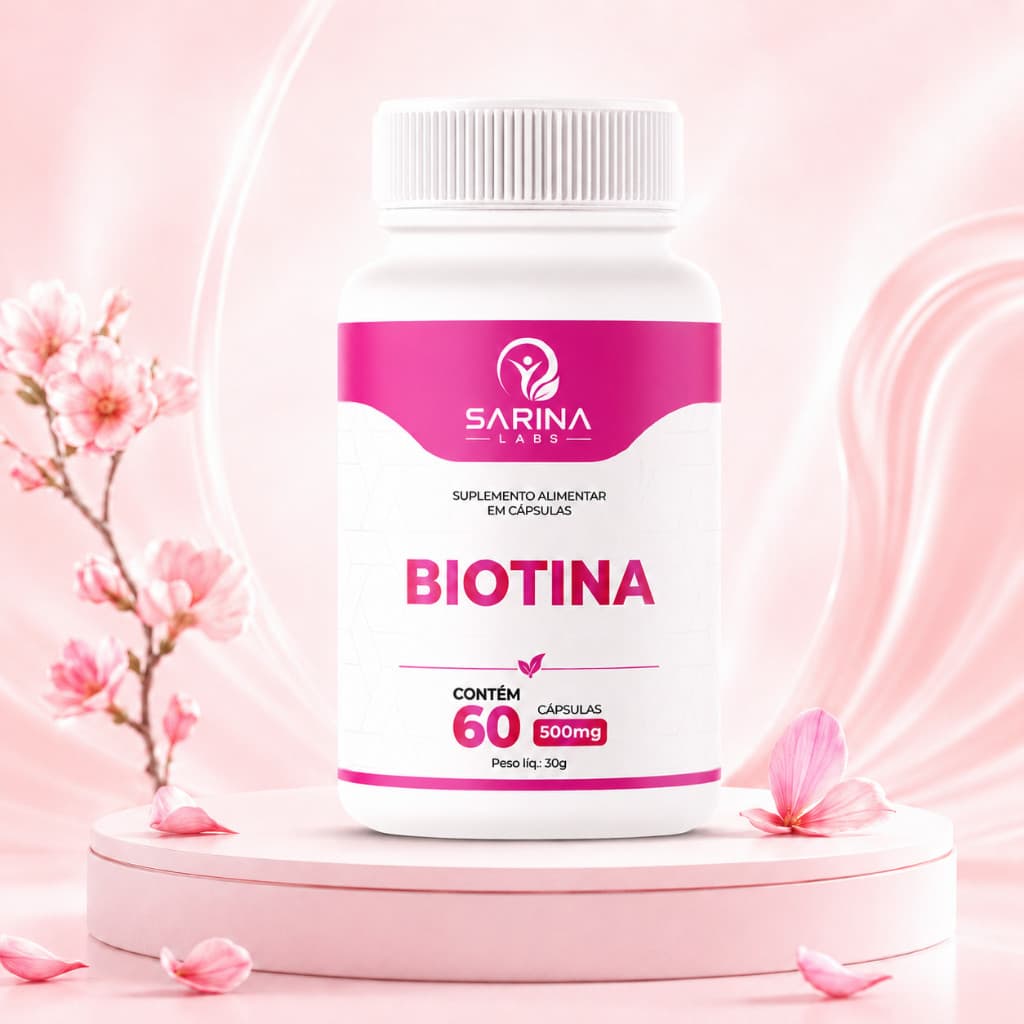 Biotina 60 Cápsulas 500mg Vitamina C Ácido Hialurônico Suplemento Cabelo Pele Unhas Sarina Labs