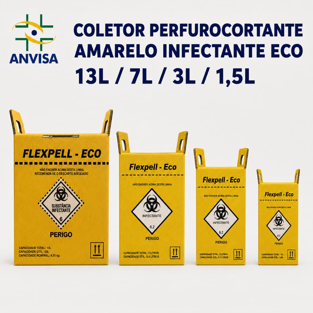 Caixa Coletor Perfurocortante Amarelo Infectante Eco 13L / 7L / 3L / 1,5L Flexpell