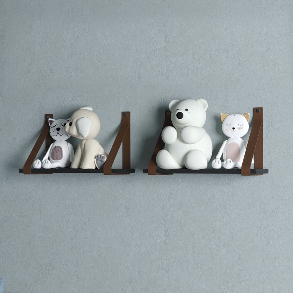 Kit 2 Prateleira em Mdf Suporte Alça De Couro Ecolológico Marrom Para Parede Escrítório Quarto